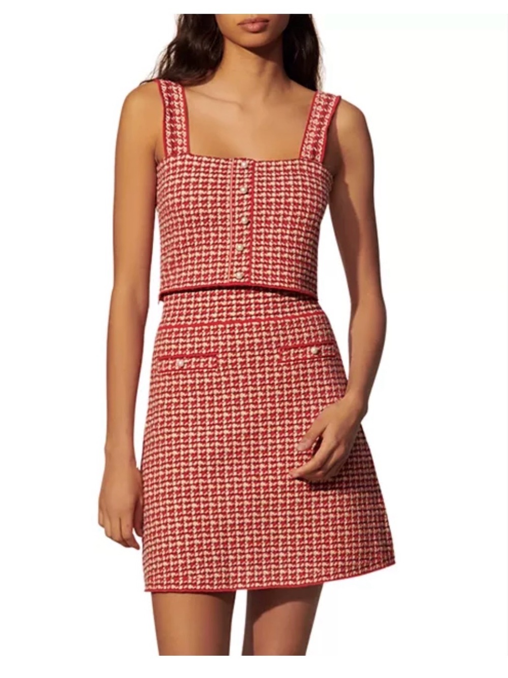 Sandro Red and White Tweed Mini Skirt